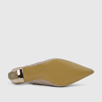 Bottom view of a glittery gold Bulbul Ladies Evening Open Back Court shoe with a pointed toe and a metallic block heel.