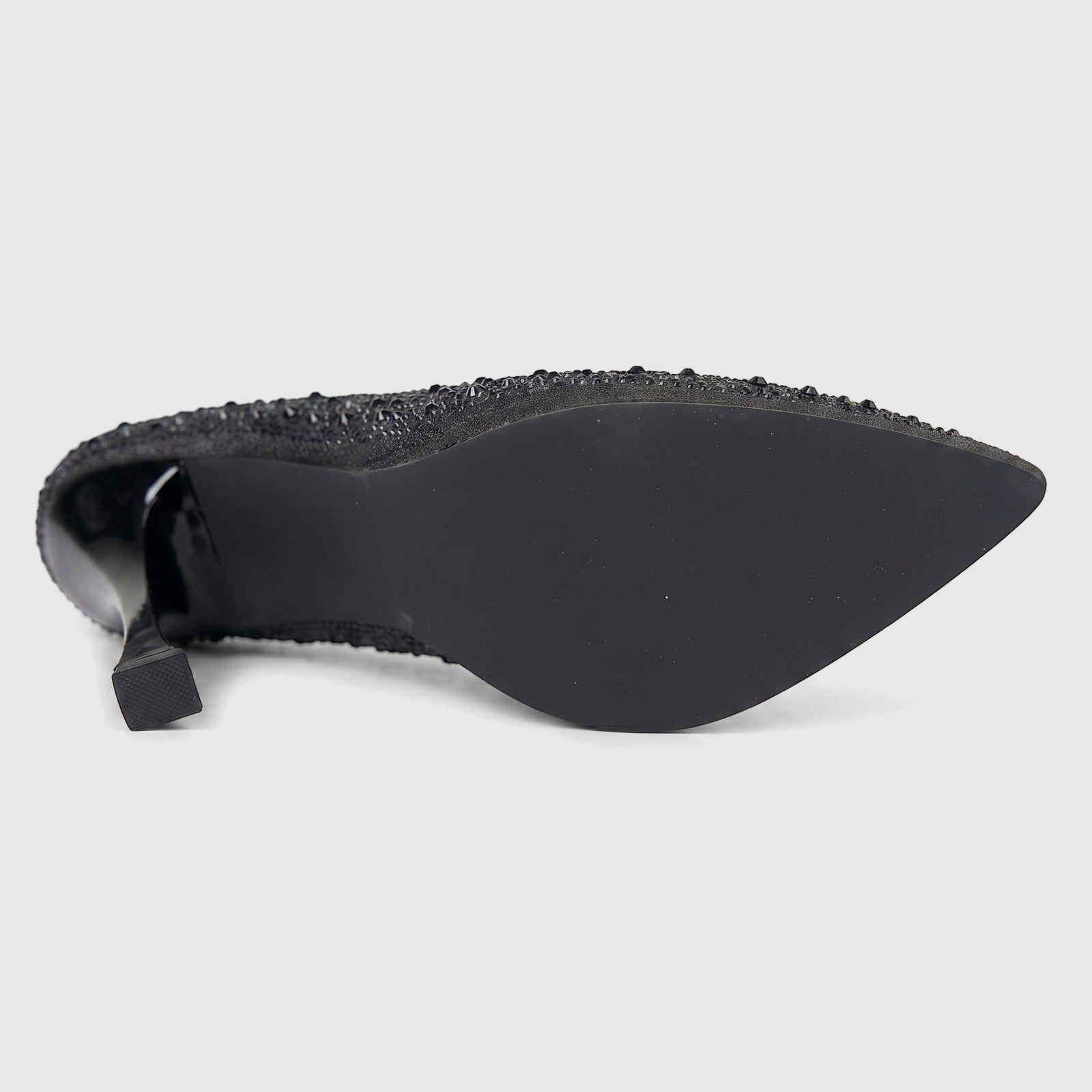 Bottom view of a black Bulbul Ladies Evening Court Shoe LU026, embellished with rhinestones and featuring a pointed toe and