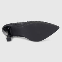 Bottom view of a black Bulbul Ladies Evening Court Shoe LU026, embellished with rhinestones and featuring a pointed toe and