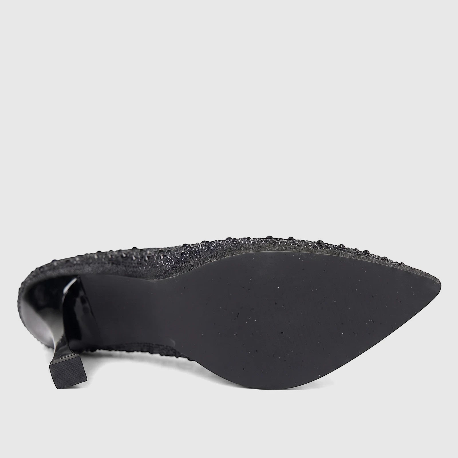 Black ladies' evening court shoe with pointed toe and rhinestone embellishments, shown from the bottom view.