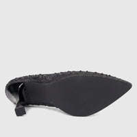 Black ladies' evening court shoe with pointed toe and rhinestone embellishments, shown from the bottom view.