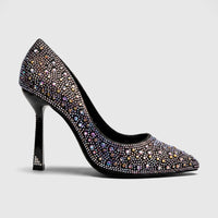 Bulbul Ladies Evening Court Shoe LU027 in black, featuring a pointed toe and stiletto heel adorned with sparkling iridescent