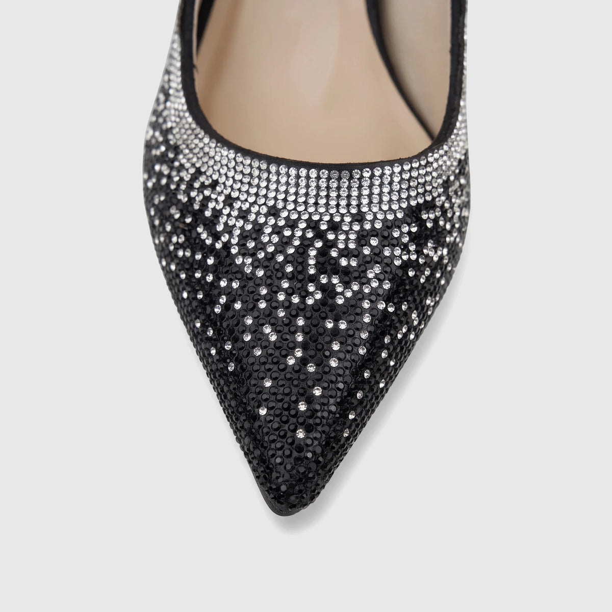 Close-up of a black Bulbul Ladies Evening Court Shoe with a pointed toe, heavily embellished with sparkling rhinestones.