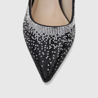 Close-up of a black Bulbul Ladies Evening Court Shoe with a pointed toe, heavily embellished with sparkling rhinestones.