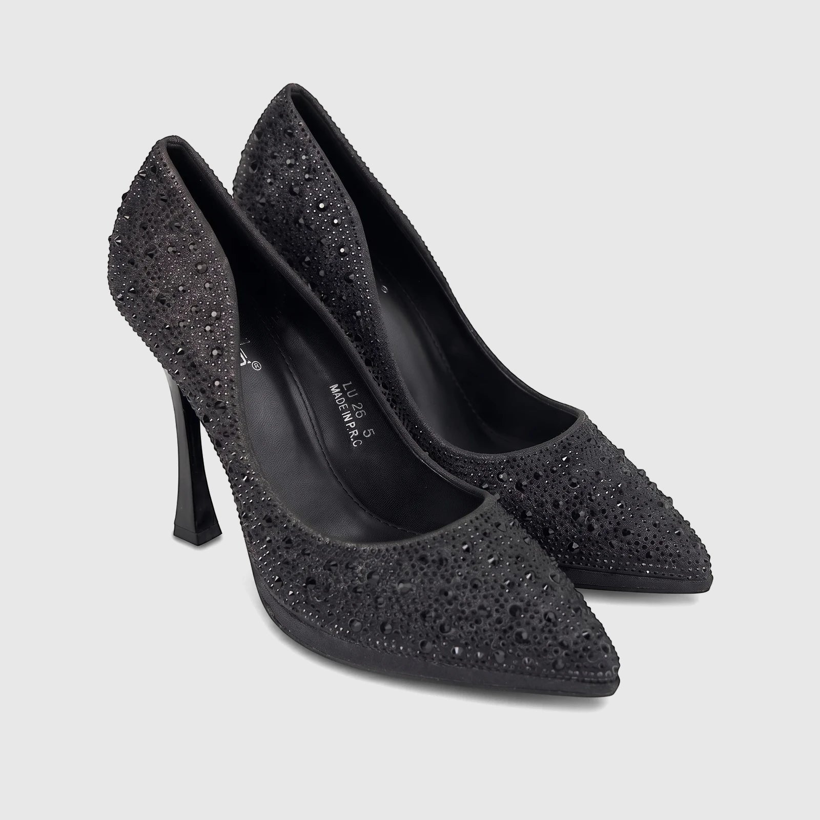 Pair of black rhinestone-studded Bulbul ladies' evening court high heels with pointed toes, displayed at an angle.