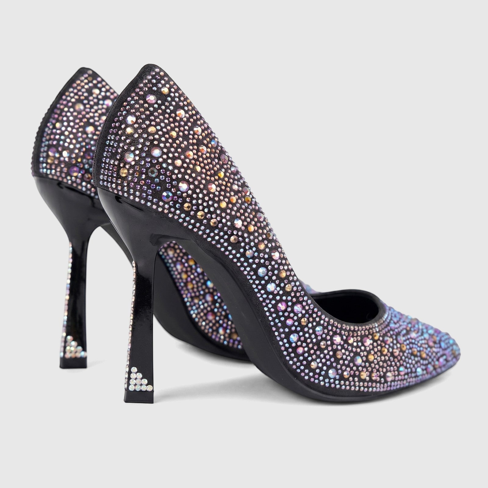 Bulbul Ladies Evening Court Shoe LU027 in black, adorned with iridescent rhinestones, side view.