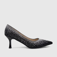Black Bulbul Ladies Evening Court Shoe with pointed toe and sparkling rhinestone embellishment, photographed from the side.