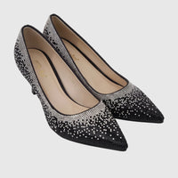 Bulbul Ladies Evening Court Shoe Black HAR106. A pair of black pointed-toe court shoes with dazzling rhinestone