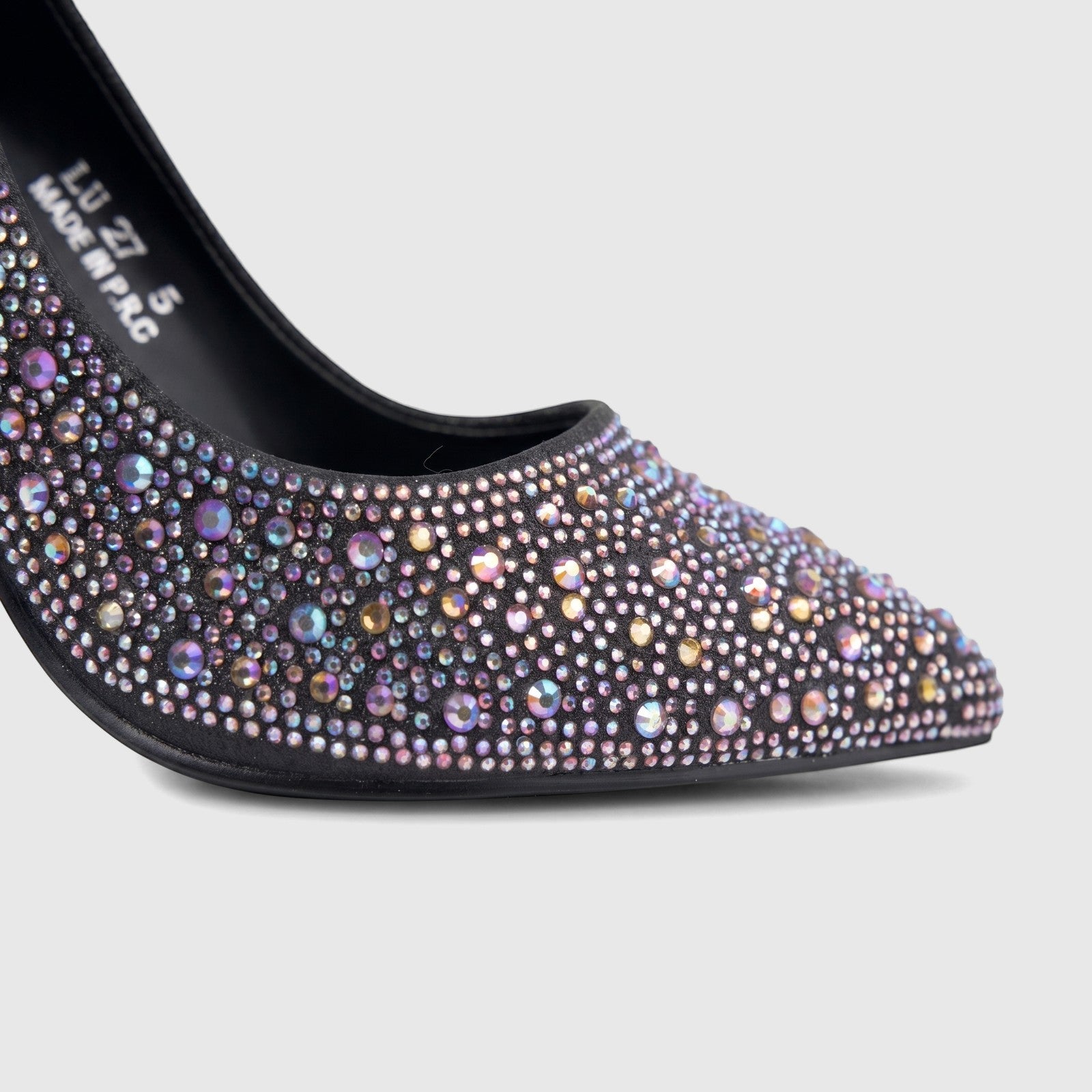 Close-up of a black Bulbul Ladies Evening Court Shoe LU027 with iridescent rhinestones and a pointed toe.