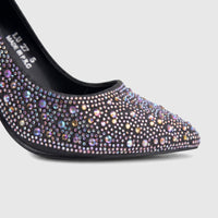 Close-up of a black Bulbul Ladies Evening Court Shoe LU027 with iridescent rhinestones and a pointed toe.