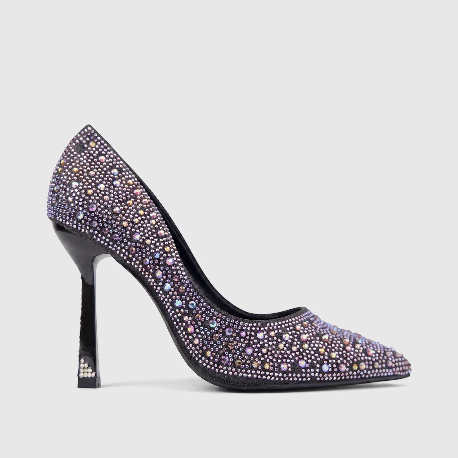 Bulbul Ladies Evening Court Shoe LU027 in black, adorned with iridescent rhinestones and a stiletto heel, viewed from the