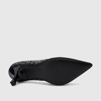 Black sequin Bulbul ladies' evening court shoe with a pointed toe and block heel, viewed from the bottom.