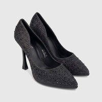 Bulbul Ladies Evening Court Shoe LU026 in black, featuring a pointed toe, high heel, and studded embellishments.