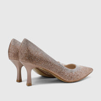 Bulbul Ladies Evening Court Shoe Champagne HAR106, a pair of elegant high heels covered in sparkling rhinestones, side view.