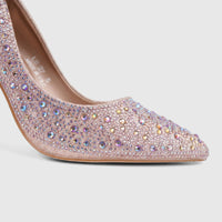 Close-up of a champagne Bulbul Ladies Evening Court Shoe LU027, adorned with iridescent rhinestones on a high heel and