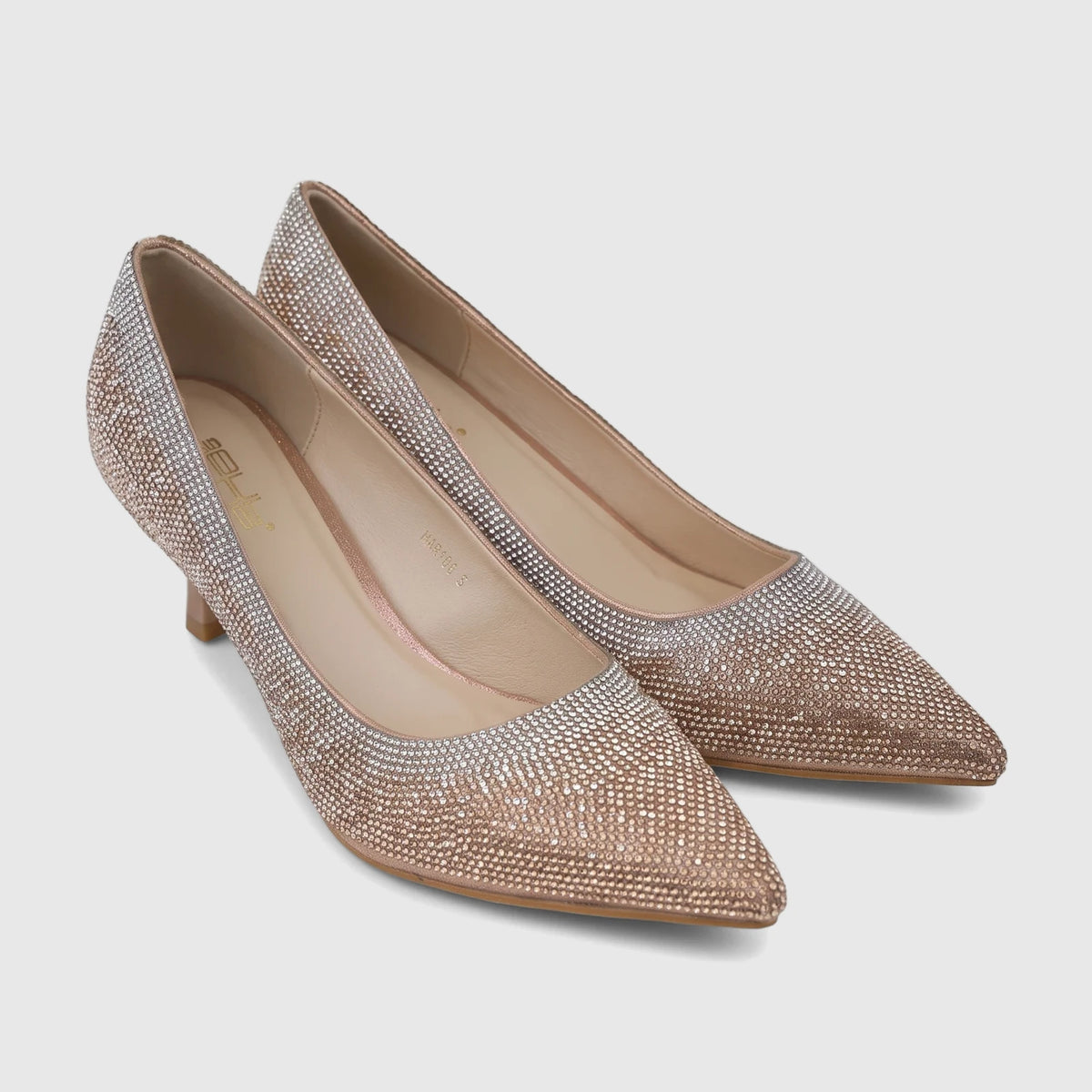 A pair of elegant Bulbul Ladies Evening Court Shoes in champagne, featuring sparkling rhinestone embellishments and a sleek