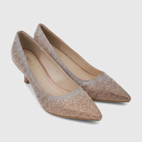 A pair of elegant Bulbul Ladies Evening Court Shoes in champagne, featuring sparkling rhinestone embellishments and a sleek