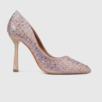 Bulbul Ladies Evening Court Shoe LU027 in champagne, featuring a pointed toe and stiletto heel, fully embellished with