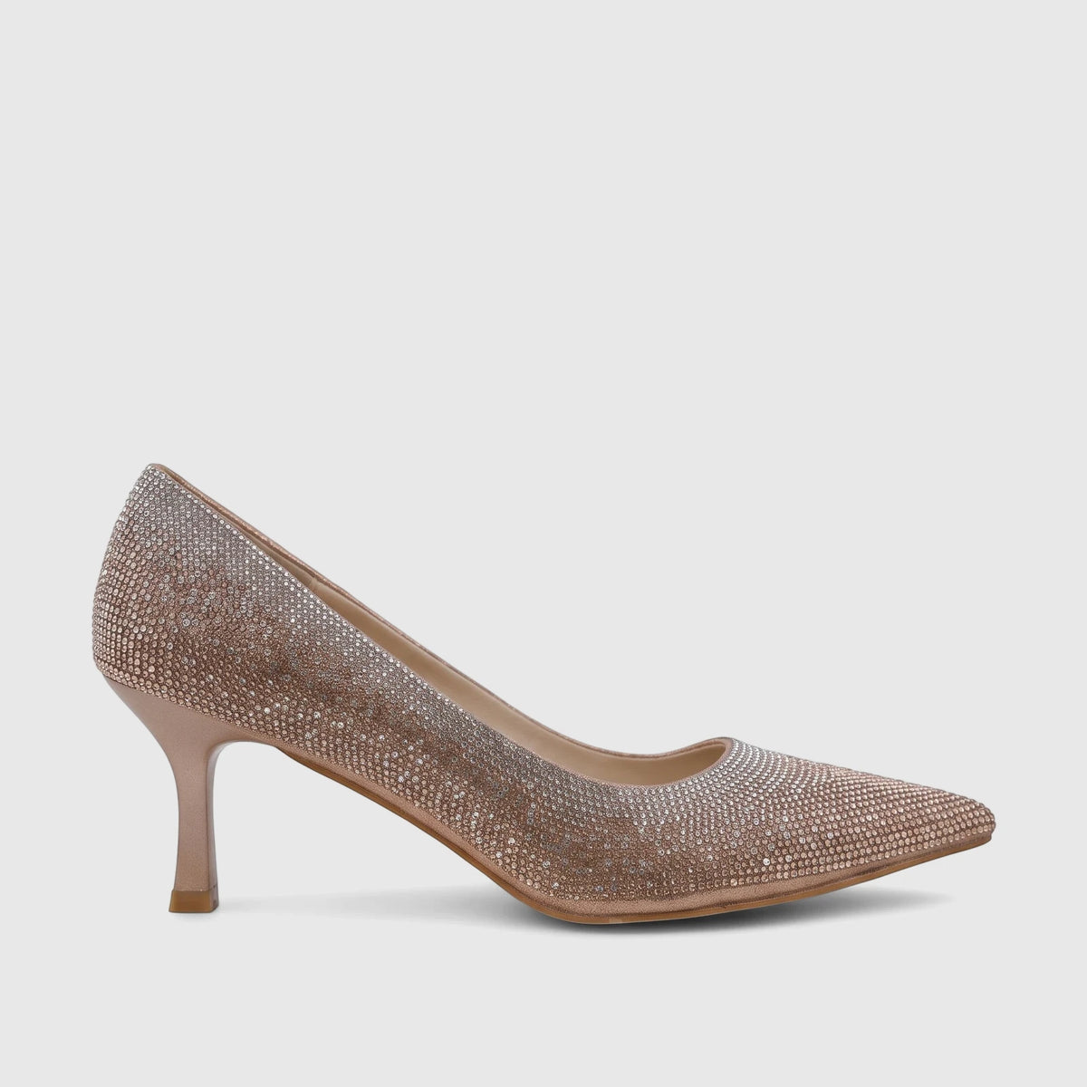 Bulbul Ladies Evening Court Shoe in champagne with a pointed toe and full rhinestone embellishments.