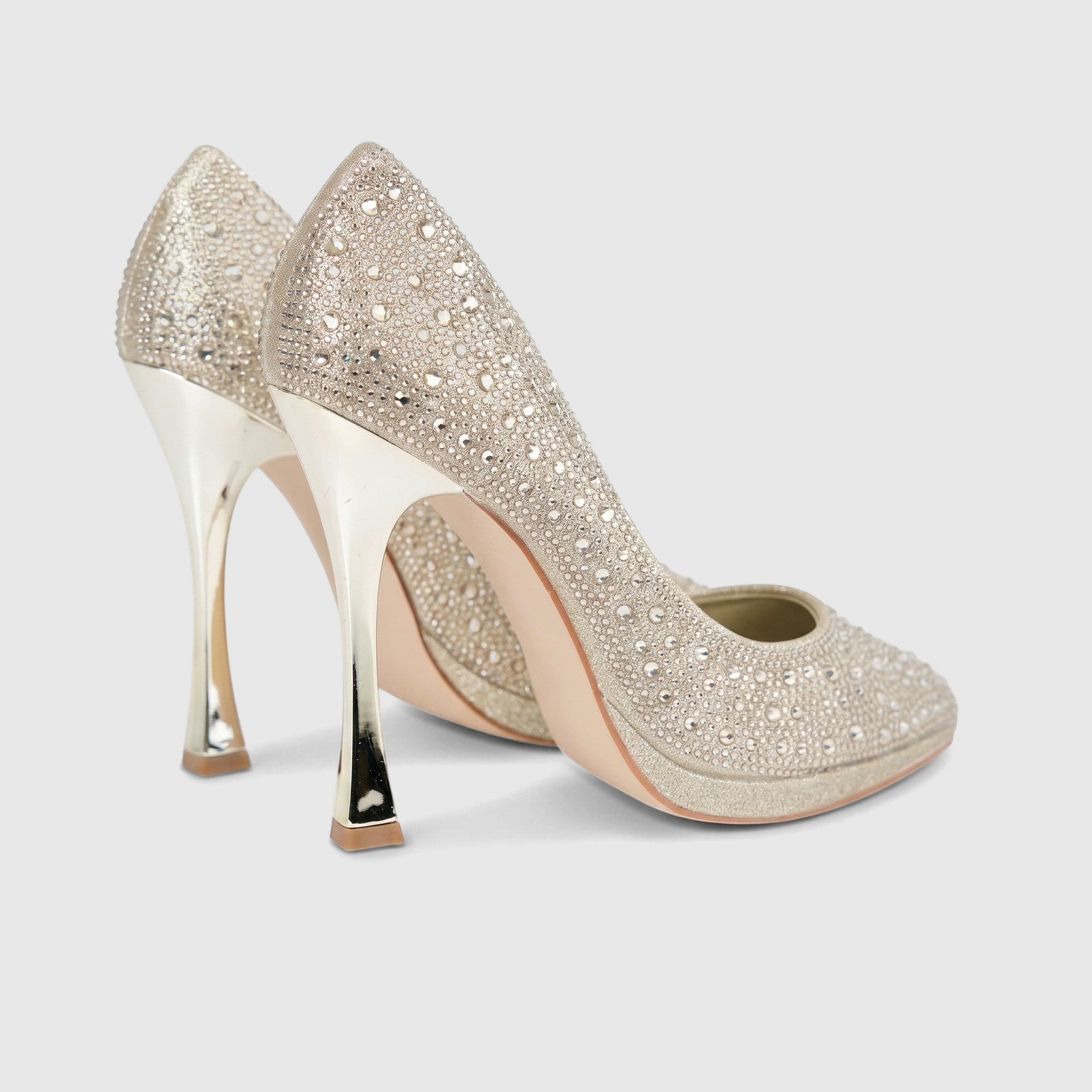 Bulbul Ladies Evening Court Shoe LU026 Gold with rhinestone embellishments and metallic stiletto heels, angled view.