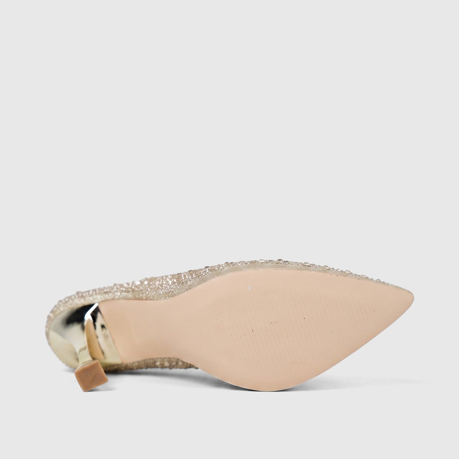 Underside view of a Bulbul Ladies Evening Court Shoe LU026 Gold, featuring a glitter-covered upper, pointed toe, and