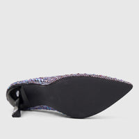 Black Bulbul Ladies Evening Court Shoe LU027 with iridescent jewels and a pointed toe, side view showing the sole and
