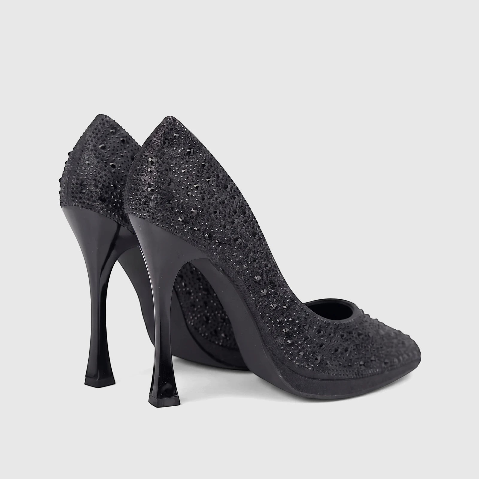 Pair of Bulbul Ladies Evening Court Shoes LU026 in black, featuring studded uppers and glossy flared heels, seen from a