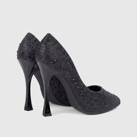 Pair of Bulbul Ladies Evening Court Shoes LU026 in black, featuring studded uppers and glossy flared heels, seen from a