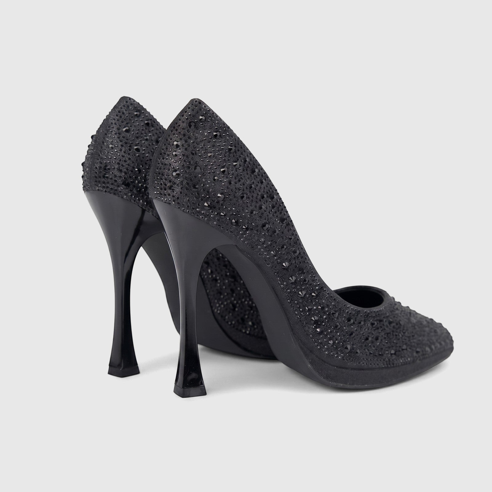 Pair of black Bulbul Ladies Evening Court Shoes LU026, embellished with rhinestones, featuring high stiletto heels and a