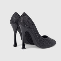 Pair of black Bulbul Ladies Evening Court Shoes LU026, embellished with rhinestones, featuring high stiletto heels and a
