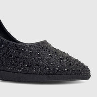 Close-up of a black Bulbul Ladies Evening Court Shoe LU026, embellished with numerous small and large black rhinestones.