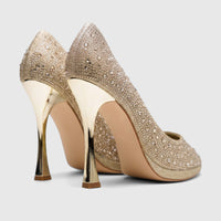 A pair of shimmering gold rhinestone-covered Bulbul Ladies Evening Court Shoes LU026 with metallic high heels, viewed from