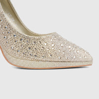 Close-up of a gold Bulbul Ladies Evening Court Shoe LU026, intricately embellished with shimmering rhinestones, featuring a