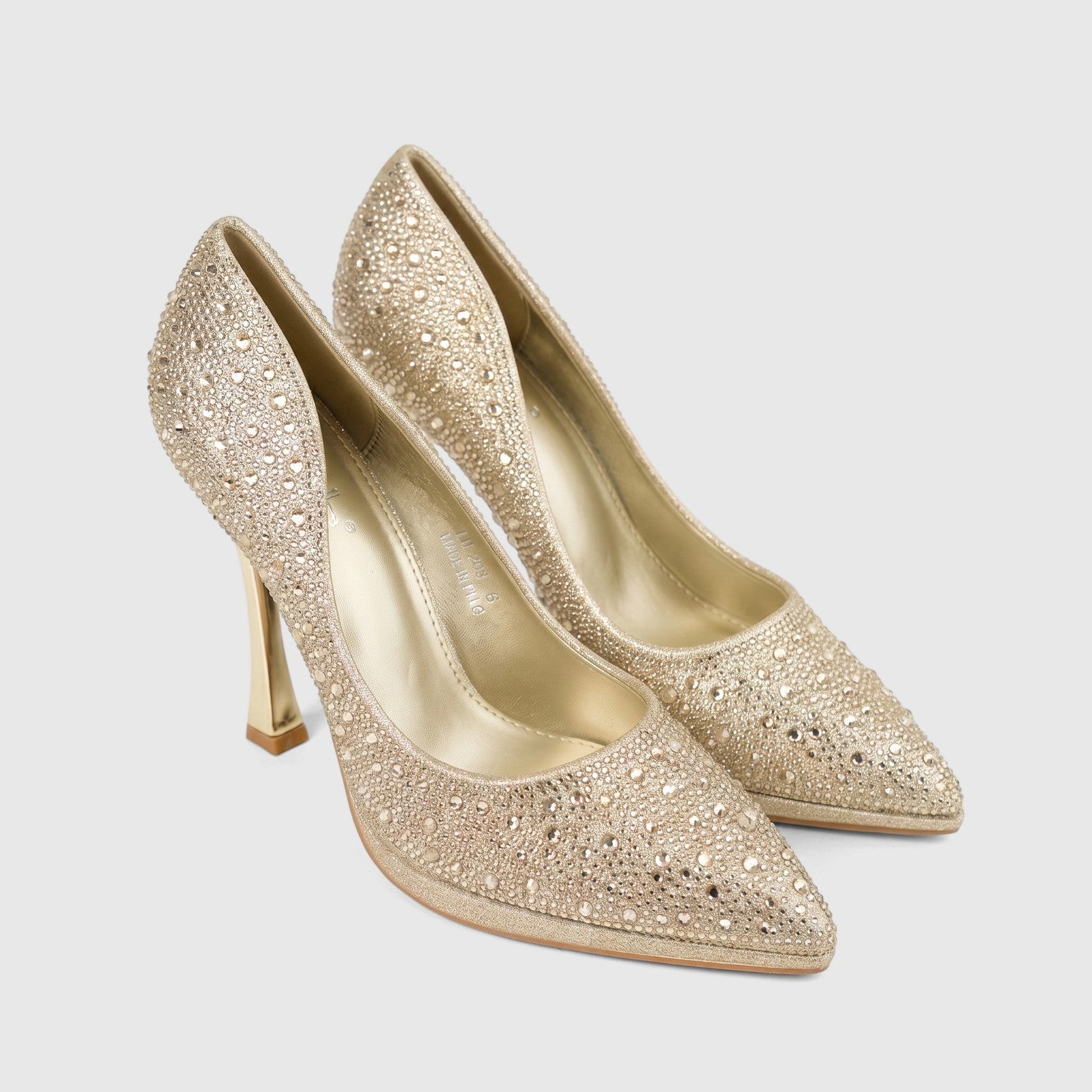 Pair of gold Bulbul Ladies Evening Court Shoes LU026, featuring a pointed toe and covered in sparkling rhinestones.