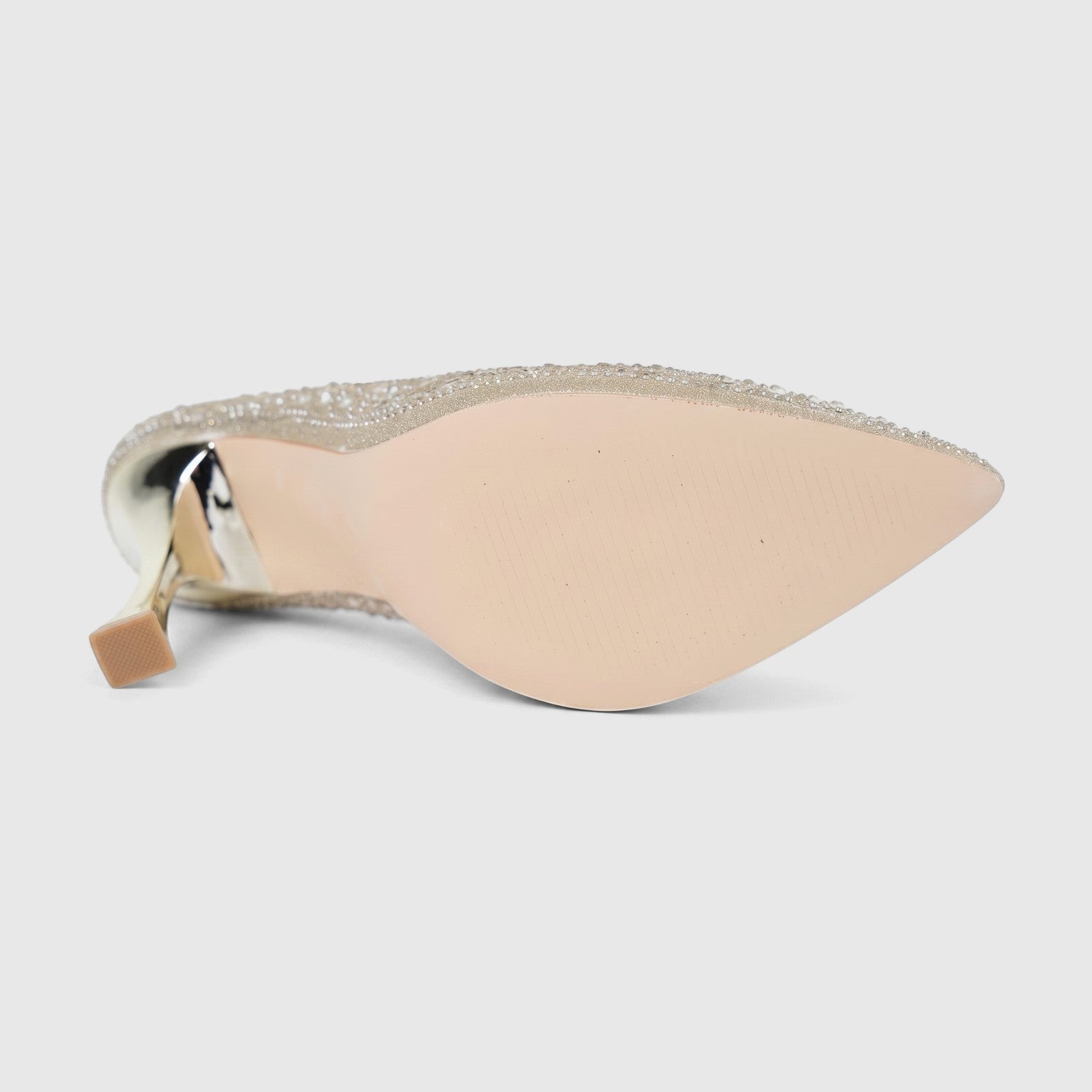 Gold rhinestone-encrusted Bulbul Ladies Evening Court Shoe LU026, viewed from the side to show the light tan sole and block