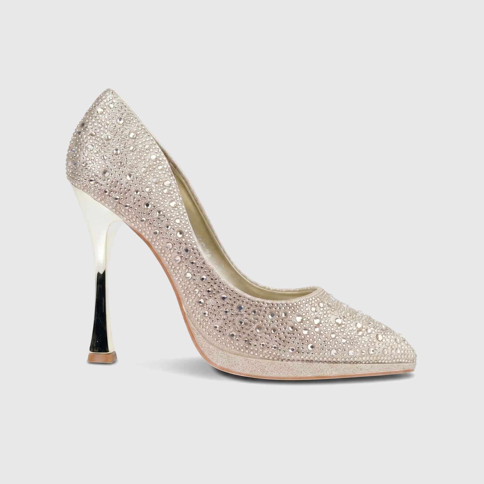 Gold rhinestone-studded Bulbul Ladies Evening Court Shoe LU026 with a silver stiletto heel, photographed from the side.