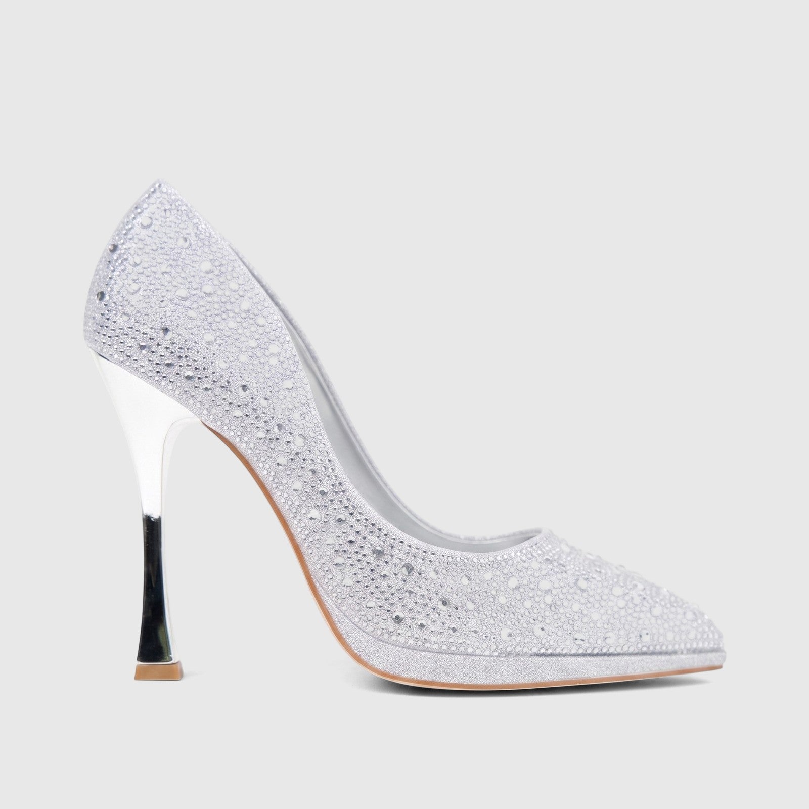 Bulbul Ladies Evening Court Shoe LU026 Silver, a high-heeled pump adorned with shimmering rhinestones, side view.