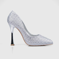 Bulbul Ladies Evening Court Shoe LU026 in shimmering silver, adorned with rhinestones, featuring a sleek pointed toe and a