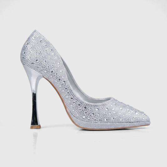 Bulbul Ladies Evening Court Shoe LU026 in shimmering silver, adorned with rhinestones, featuring a sleek pointed toe and a