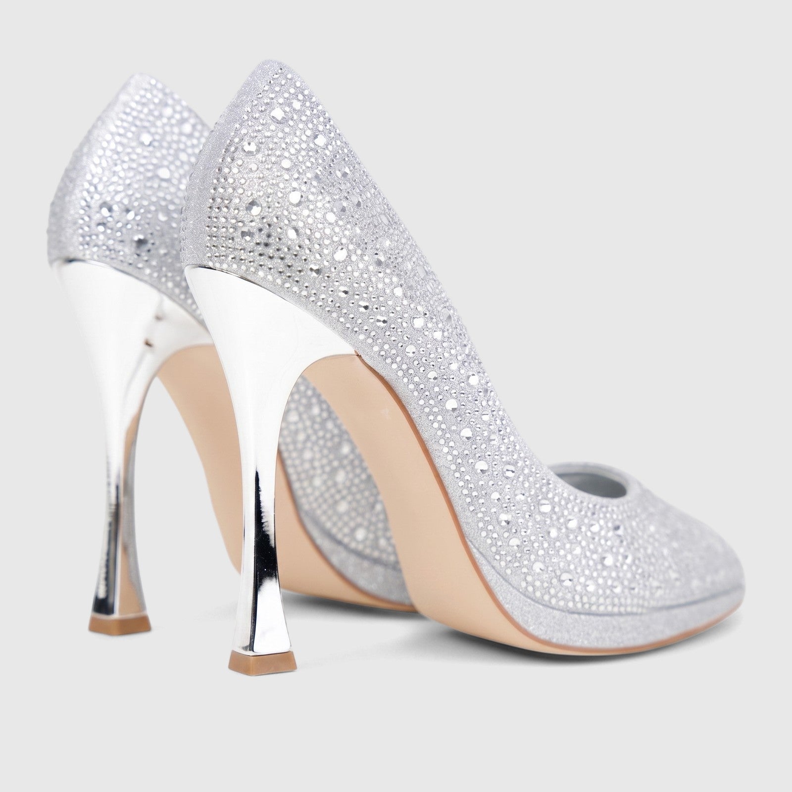 Pair of Bulbul Ladies Evening Court Shoe LU026 in silver, featuring dazzling rhinestone embellishments and high stiletto