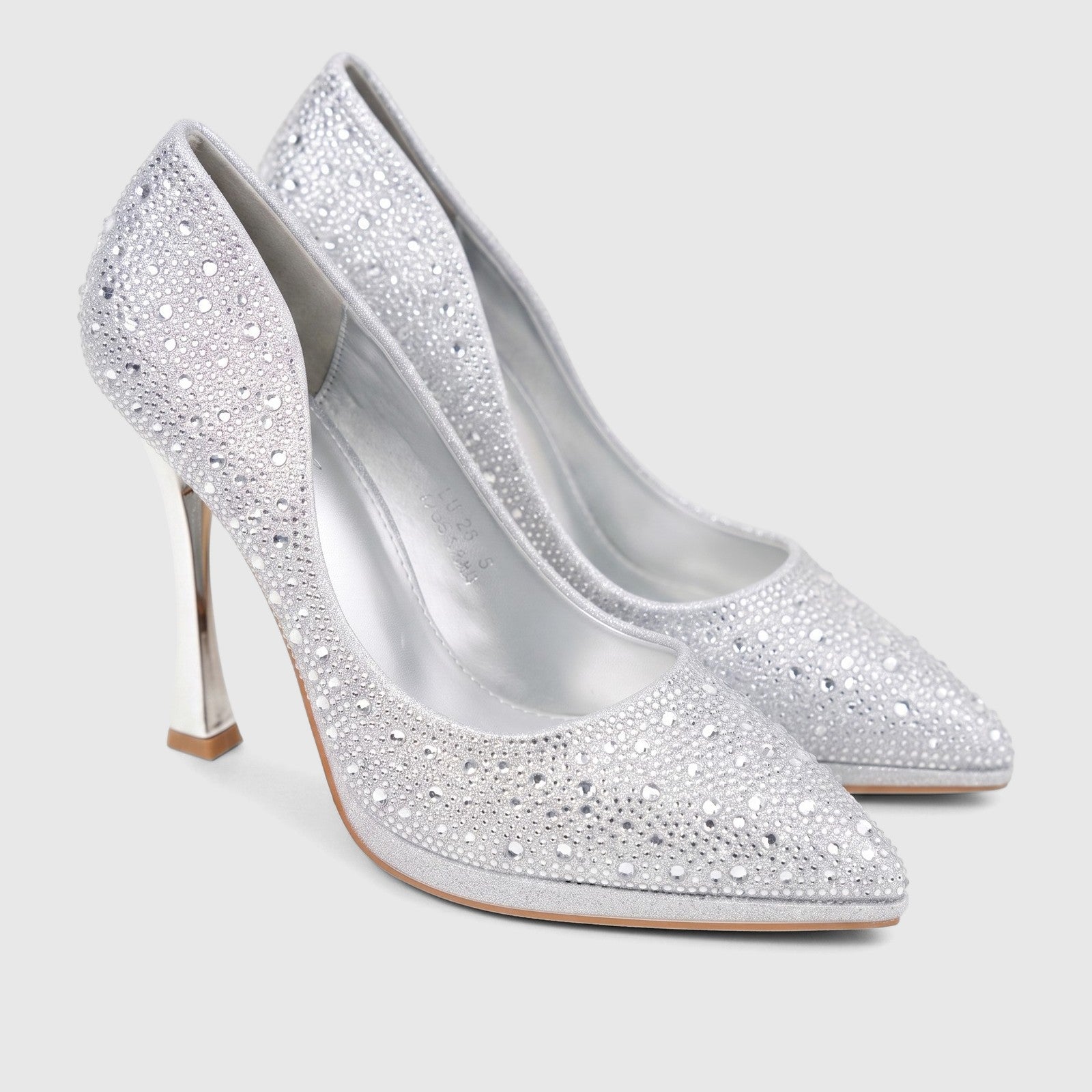 A pair of silver Bulbul Ladies Evening Court Shoes LU026, adorned with sparkling rhinestones, featuring a pointed toe and
