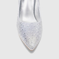 Close-up of a single silver Bulbul Ladies Evening Court Shoe LU026, featuring a pointed toe and completely embellished with
