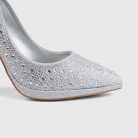 Bulbul Ladies Evening Court Shoe LU026 in sparkling silver, high-heel style, photographed from an angled close-up view.