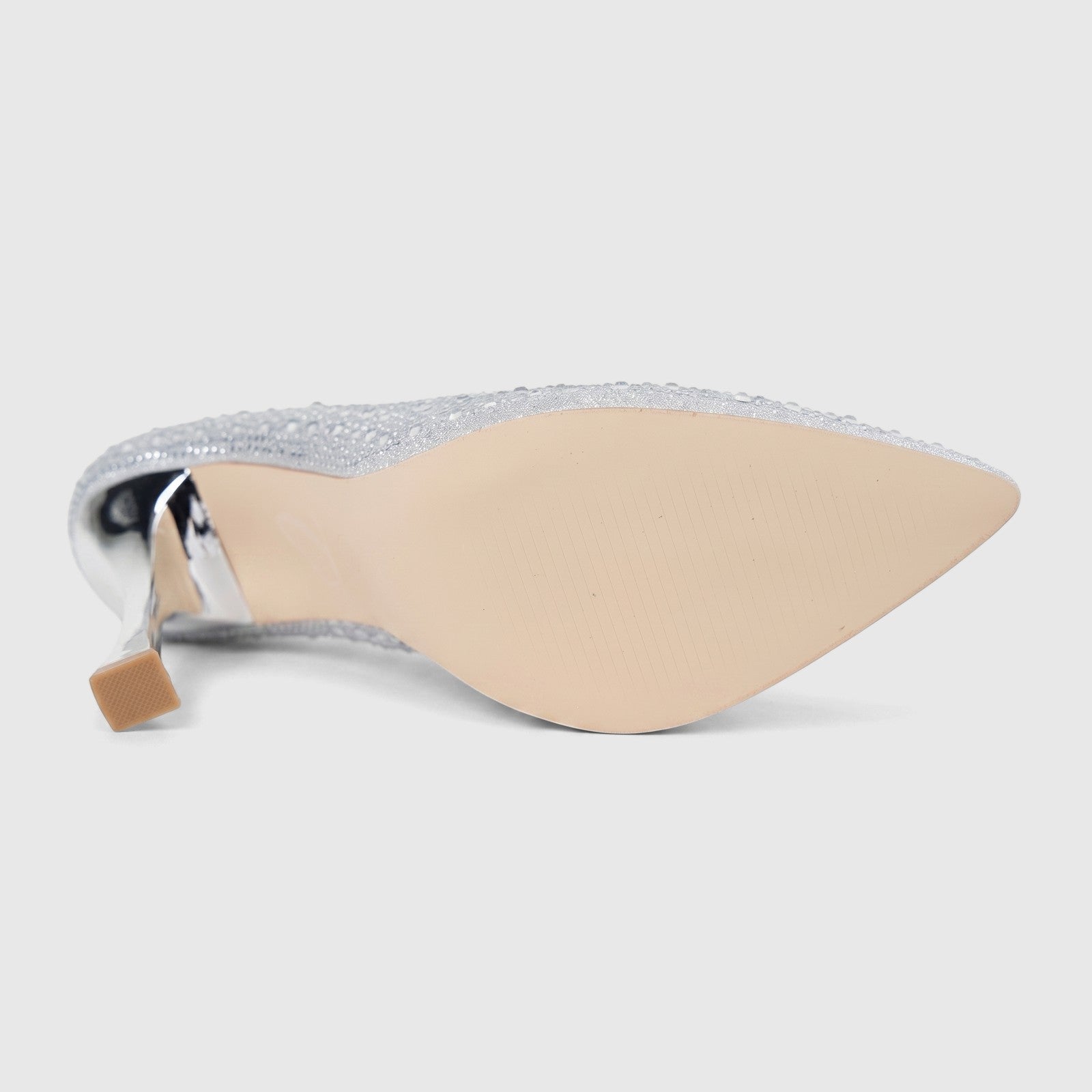 Silver studded ladies evening court shoe with a block heel, shown from the side revealing the sole.