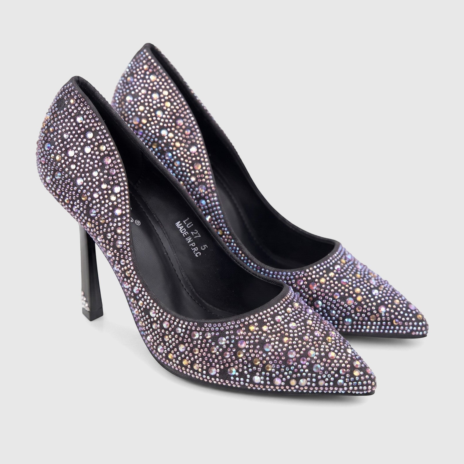 Black Bulbul Ladies Evening Court Shoes LU027 with pointed toes, high stiletto heels, and iridescent rhinestone