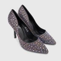 A pair of dazzling black Bulbul Ladies Evening Court Shoes LU027, featuring pointed toes and covered in iridescent