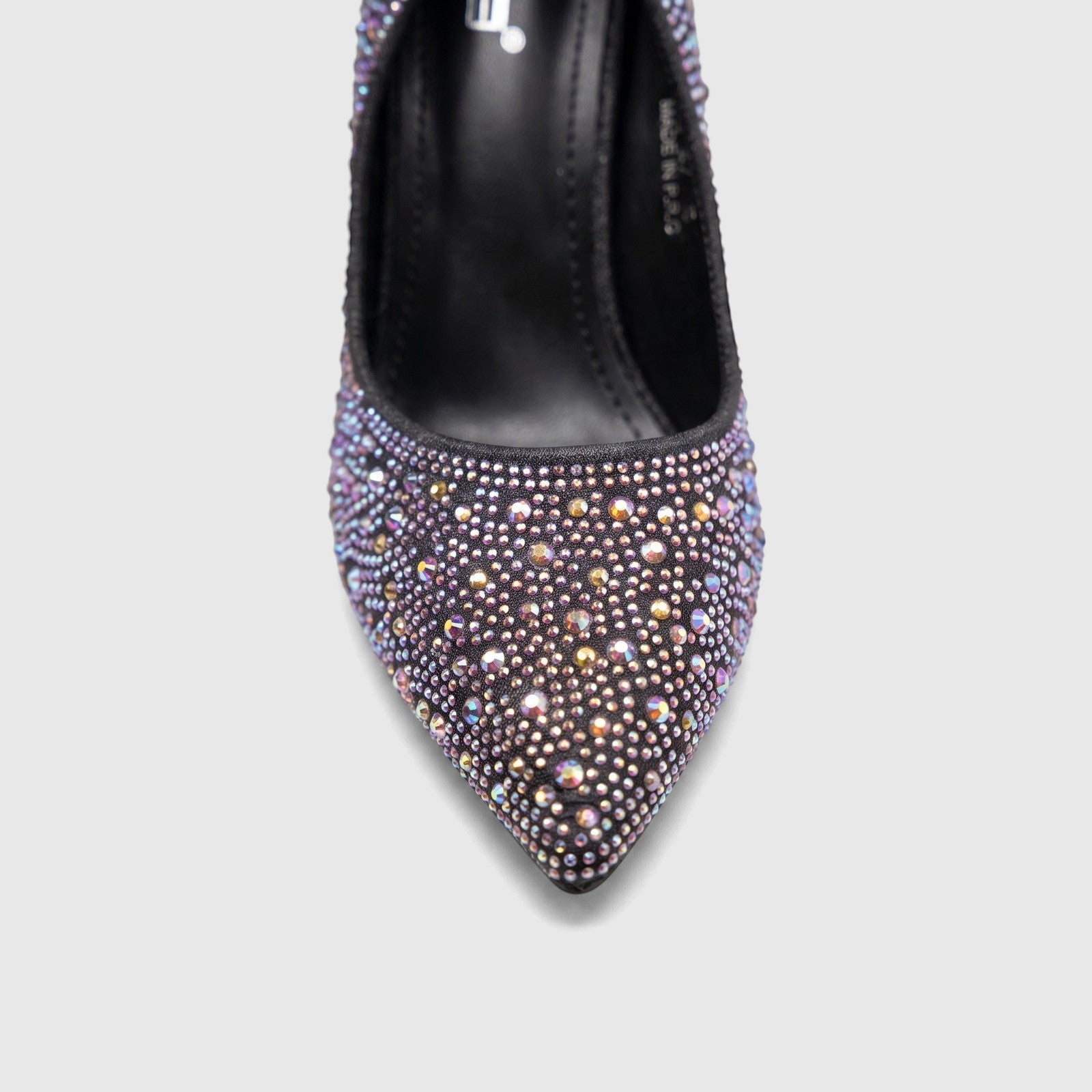 Close-up of a Bulbul Ladies Evening Court Shoe LU027 in black, adorned with iridescent rhinestones and featuring a pointed