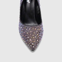 Close-up of a Bulbul Ladies Evening Court Shoe LU027 in black, adorned with iridescent rhinestones and featuring a pointed