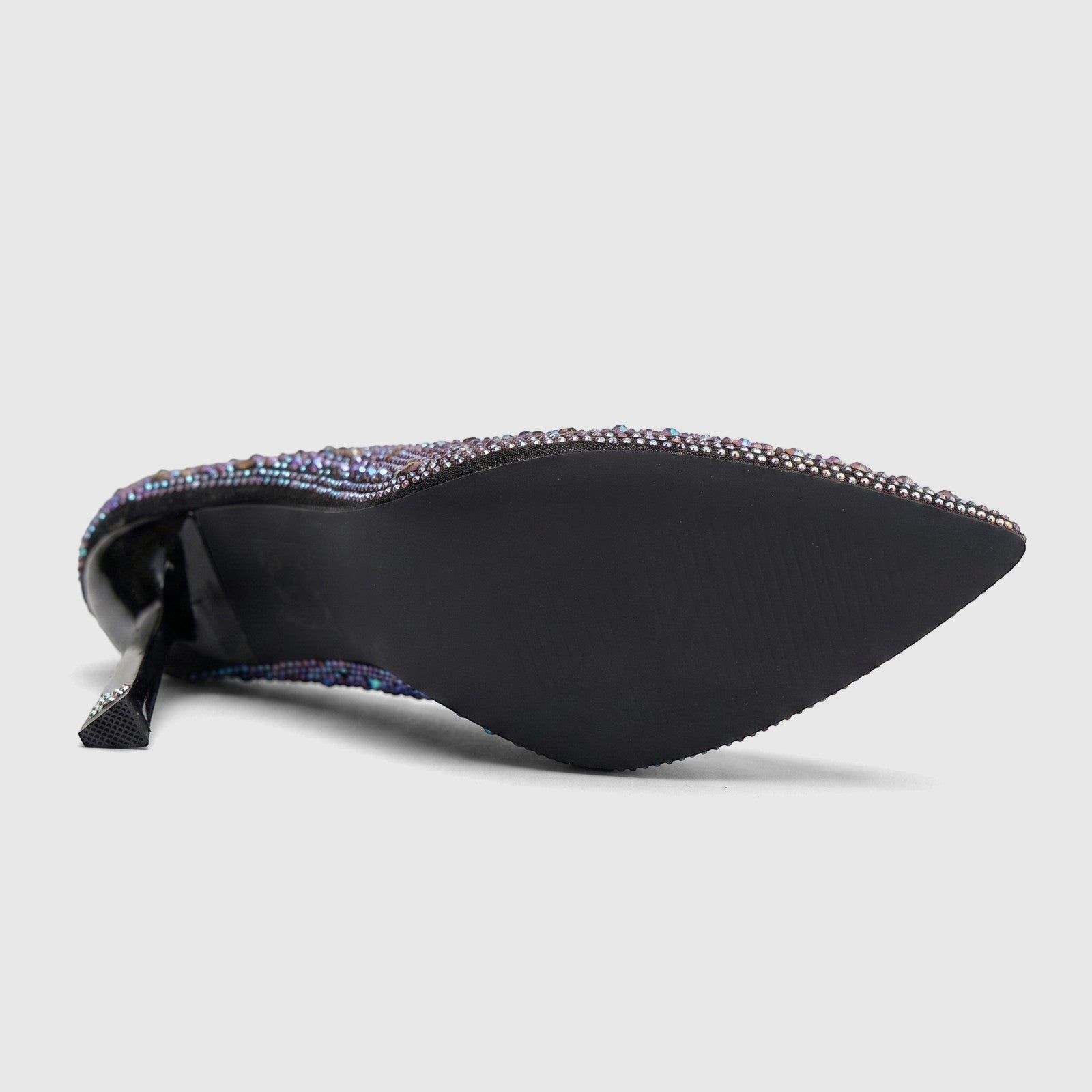 Bulbul Ladies Evening Court Shoe LU027 Black, featuring a black sole and a pointed toe, adorned with iridescent rhinestones.