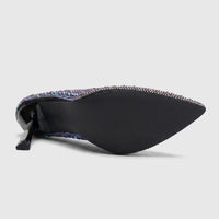 Bulbul Ladies Evening Court Shoe LU027 Black, featuring a black sole and a pointed toe, adorned with iridescent rhinestones.